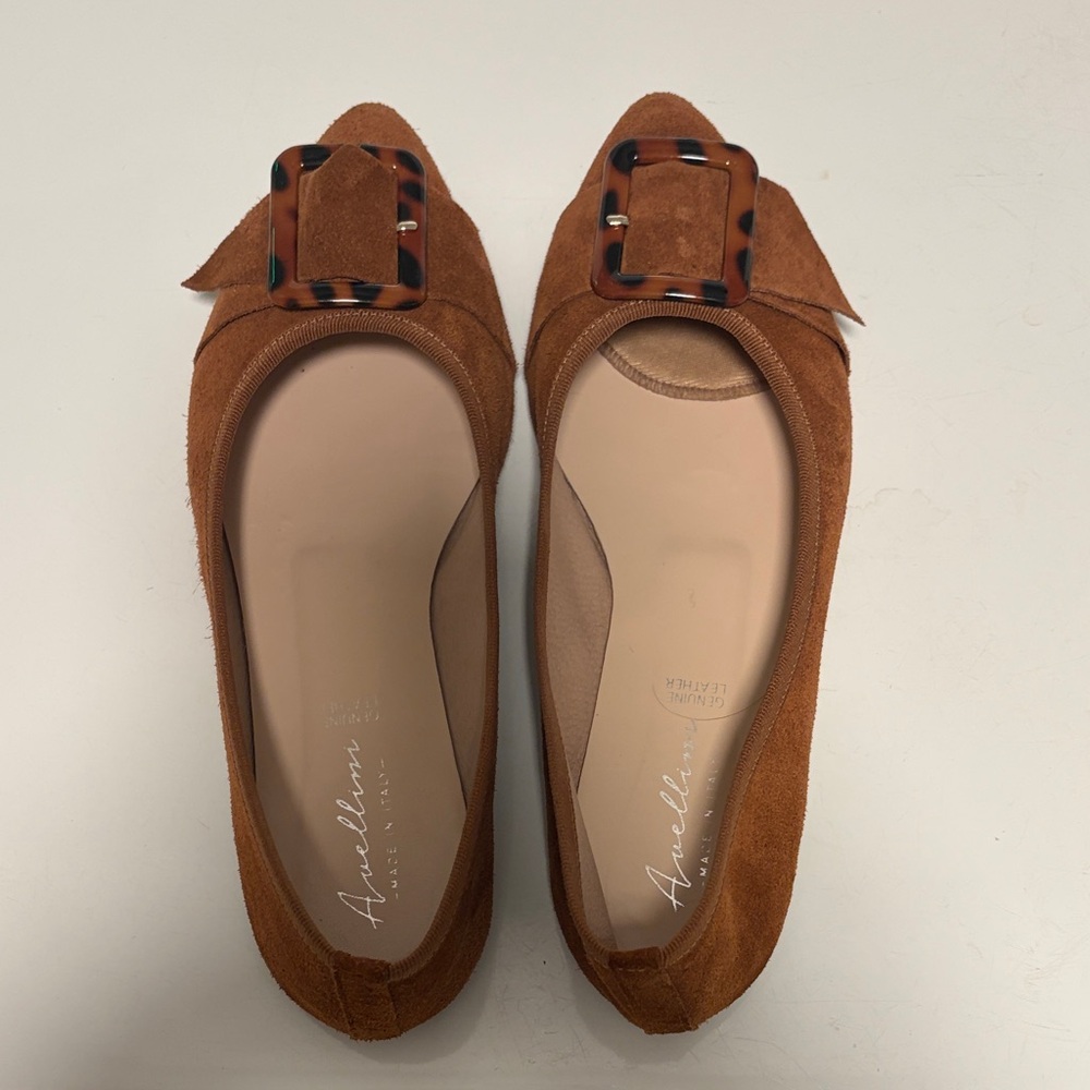 Anellam Pointed Toe Suede Flats with Tortoiseshell Buckle — Chestnut